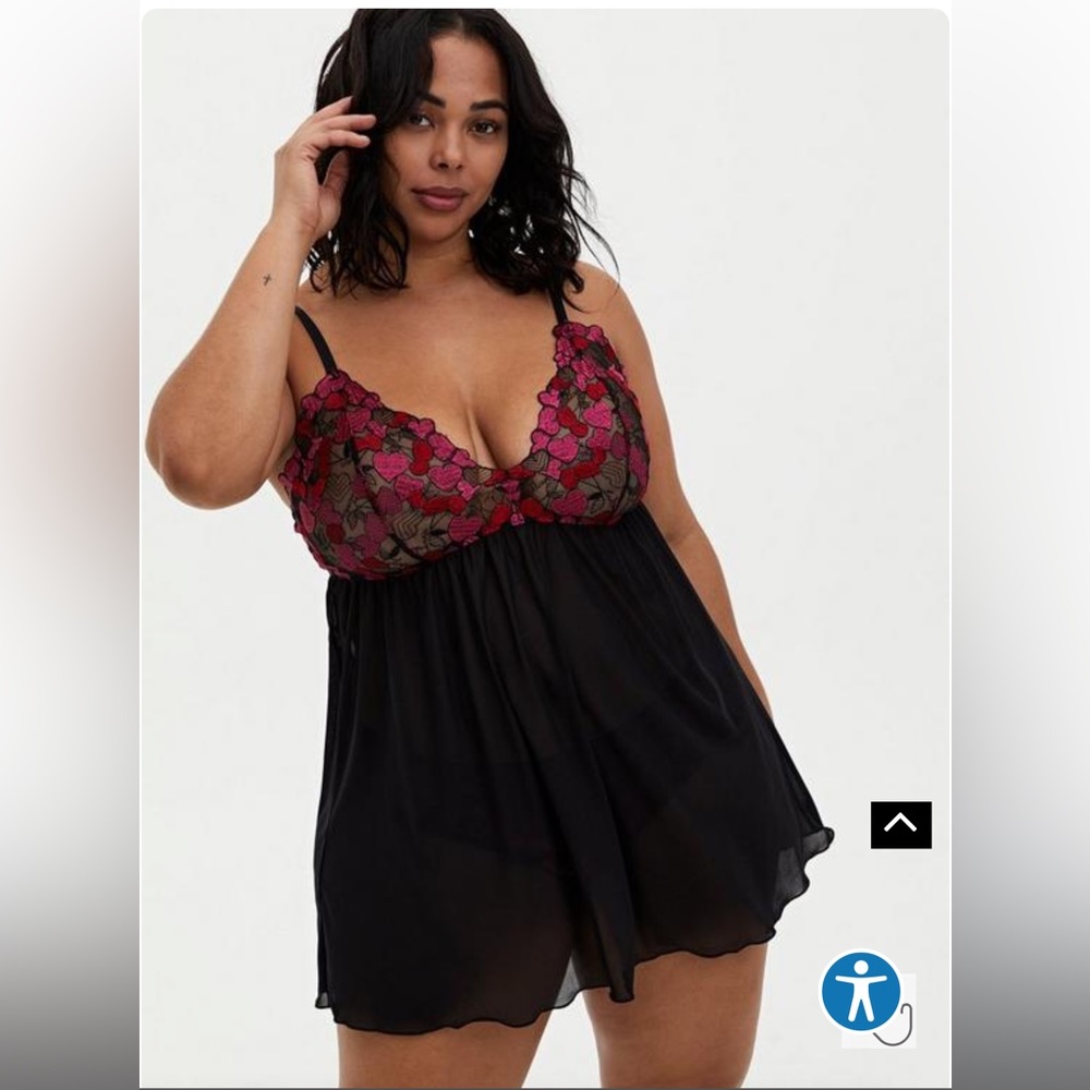 Torrid Black and Pink Embroidered Mesh Babydoll